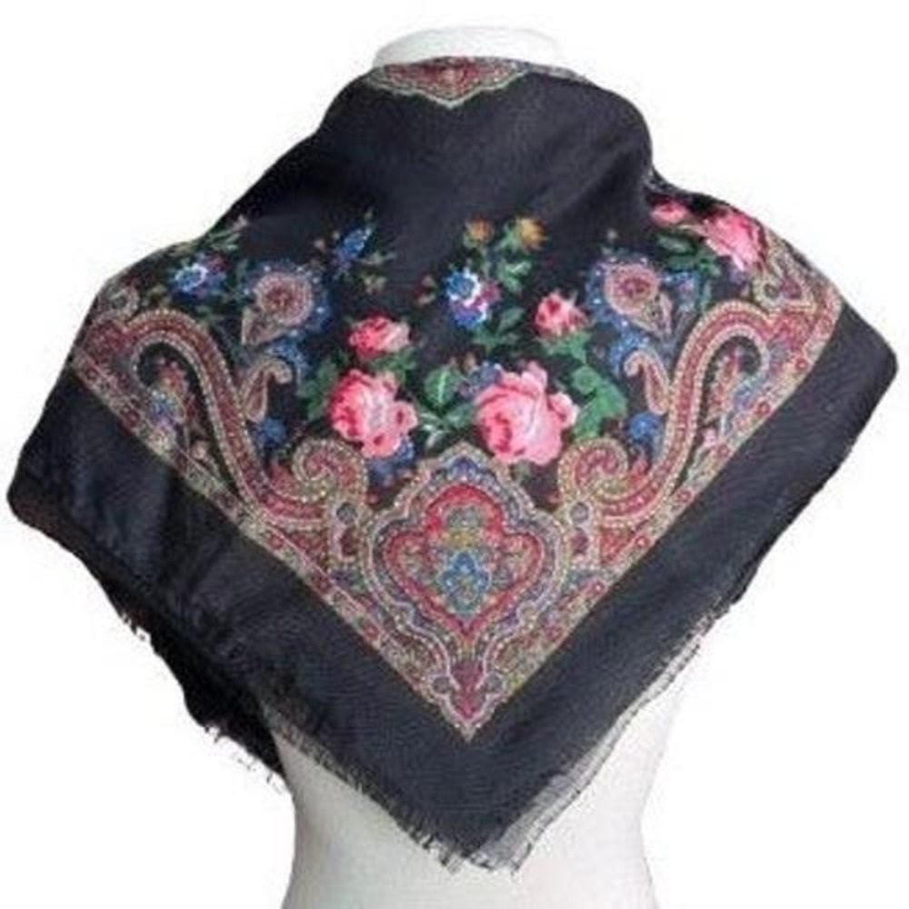 Black vintage square scarf with a Japanese rose print in Ukrainian folk art